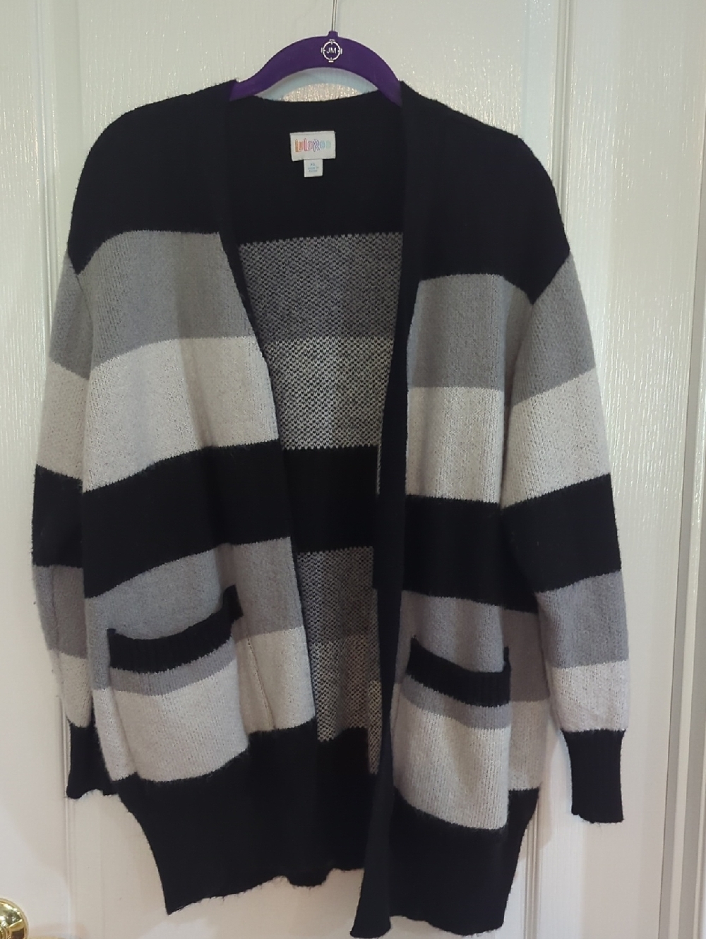LuLaRoe Black, Gray, Cream Striped Open-Front Cardigan